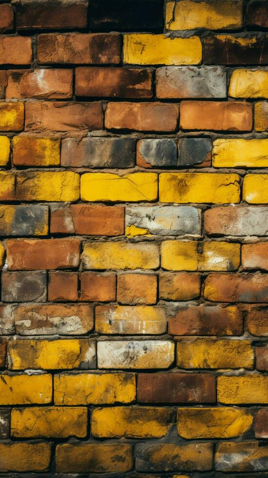 grungy Gelb und rot Backstein Mauer wie ein nahtlos Muster Hintergrund Vertikale Handy, Mobiltelefon Hintergrund ai generiert foto