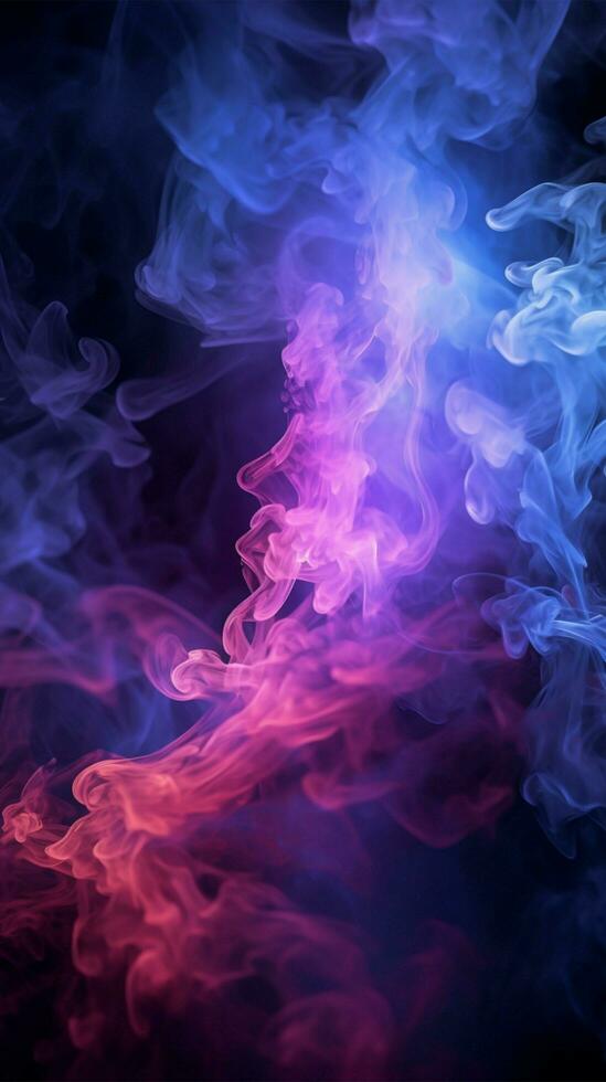beleuchtet voller Rauch Dunkelheit mit fesselnd lila und Blau Suchscheinwerfer Vertikale Handy, Mobiltelefon Hintergrund ai generiert foto