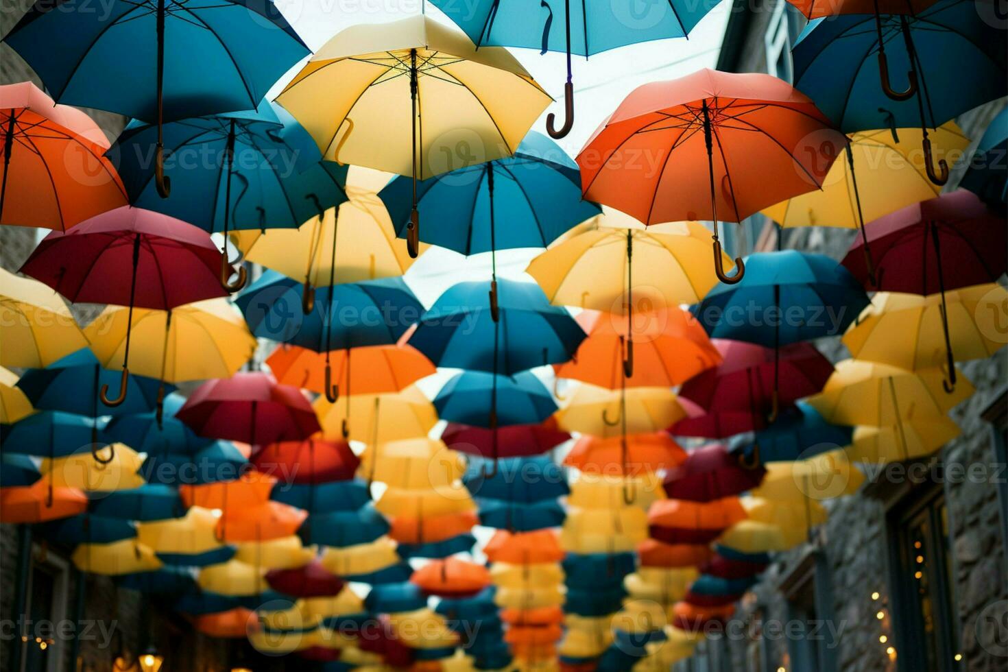 ein Vielfalt von öffnen Regenschirme baumeln, präsentieren ein bunt Schauspiel ai generiert foto