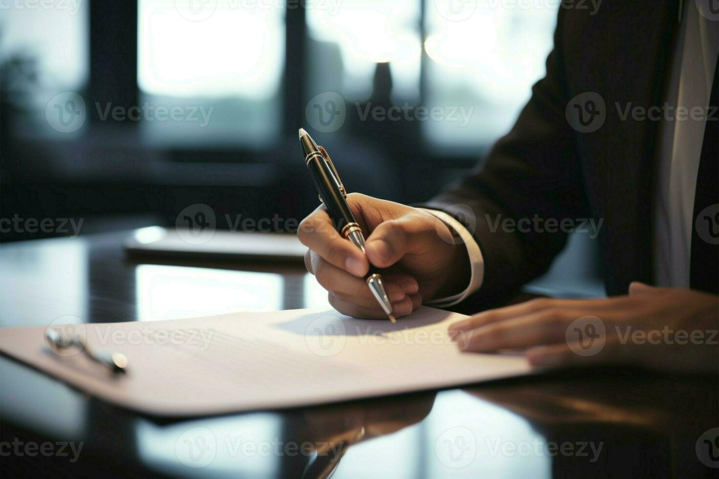 Geschäftsmann erweitert Vertrag zu Frau zum ihr Unterschrift, Abdichtung Zustimmung ai generiert foto