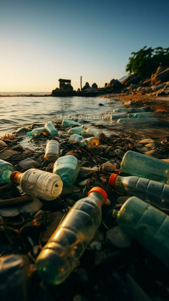 Strand Wurf, einschließlich Plastik Flaschen, Highlights schädlich Auswirkungen von Verschmutzung auf Ufer Vertikale Handy, Mobiltelefon Hintergrund ai generiert foto