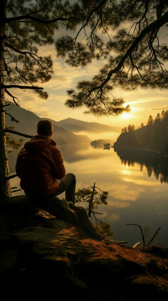 Umarmen norwegisch Morgen ruhig, Mann auf Hängematte bewundert See Aussicht zwischen Kiefern Vertikale Handy, Mobiltelefon Hintergrund ai generiert foto