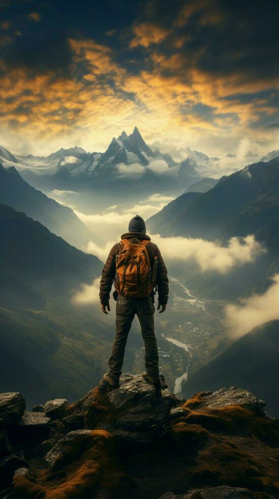 Spitzen Triumph, erfolgreich Mann Wanderer schmeckt Sicht, erobern beide Berg und Reise Vertikale Handy, Mobiltelefon Hintergrund ai generiert foto