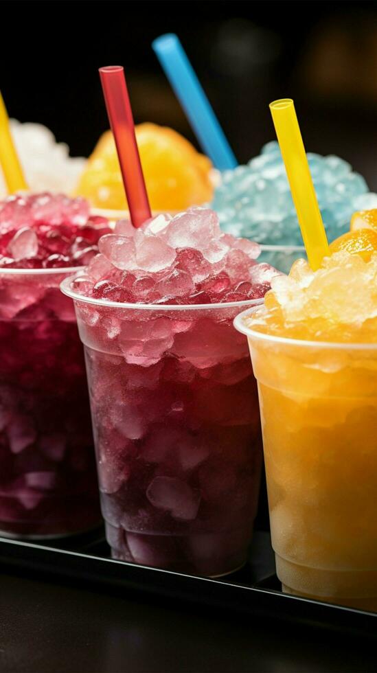 Plastik Tassen halt gefroren Obst Slushies, ausgerichtet im ein bunt, eisig Reihe Vertikale Handy, Mobiltelefon Hintergrund ai generiert foto