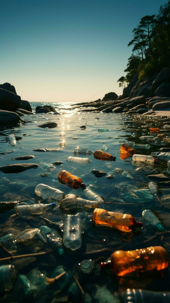 Küste überladen mit verworfen Artikel, vor allem Plastik Flaschen, vorbildlich Strand Verschmutzung Vertikale Handy, Mobiltelefon Hintergrund ai generiert foto
