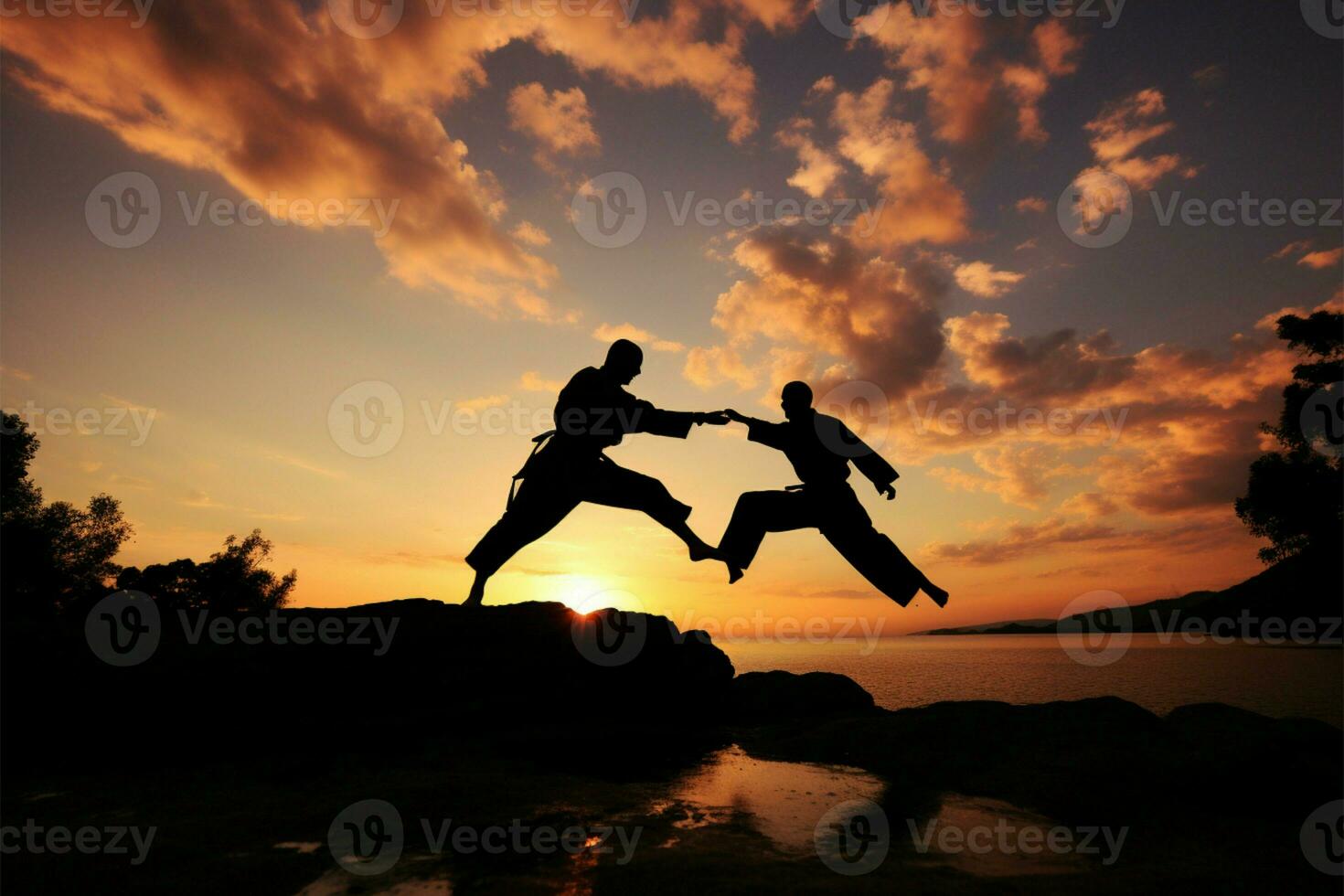 Sonnenuntergang Karate Session ein Duo Praktiken Methoden Ausübungen kriegerisch Kunst unter Abend Himmel ai generiert foto