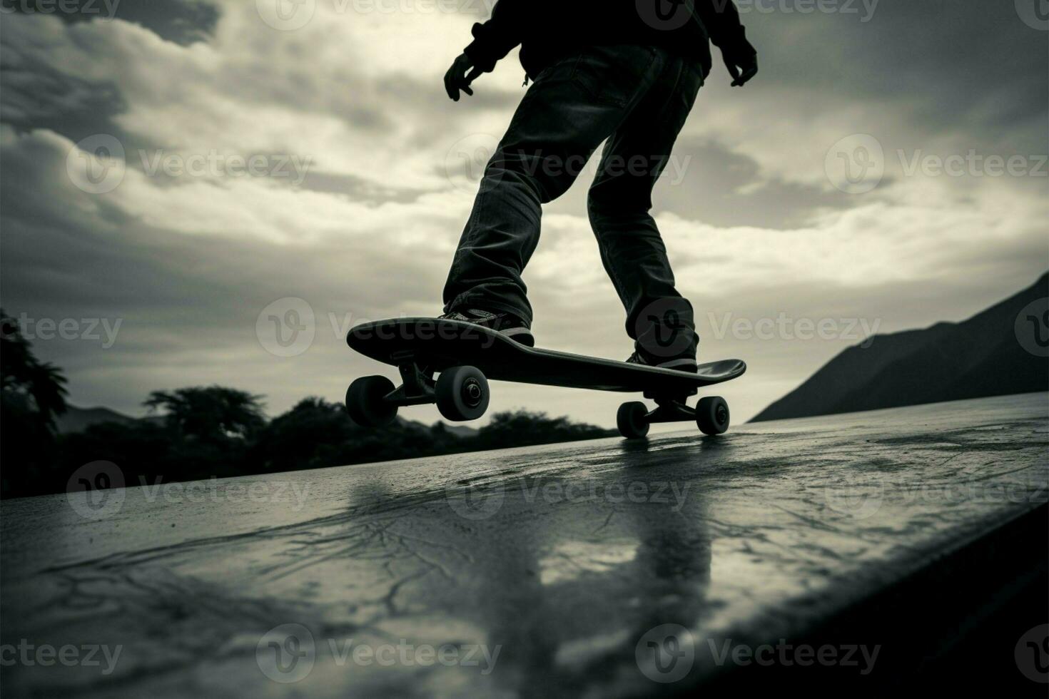 Personen Silhouette auf ein Skateboard schafft ein künstlerisch Graustufen Komposition ai generiert foto