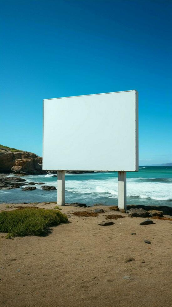 leer Plakatwand auf das Strand mit Meer im das Hintergrund Vertikale Handy, Mobiltelefon Hintergrund ai generiert foto