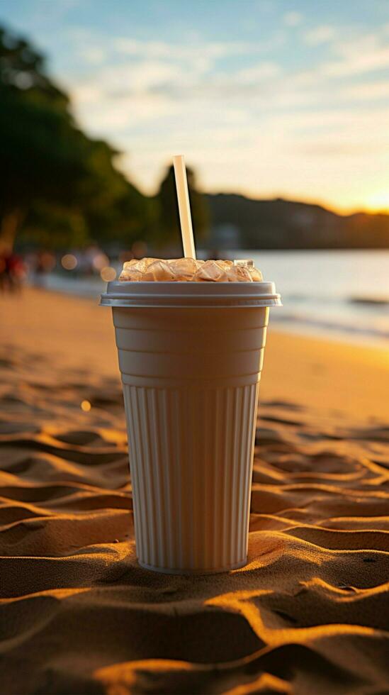 schließen oben Plastik Weiß Kaffee Tasse mit schwarz Stroh auf Sand von Strand beim Sonnenuntergang oder Sonnenaufgang Sonnenlicht auf Hintergrund, getönt, selektiv Fokus Vertikale Handy, Mobiltelefon Hintergrund ai generiert foto