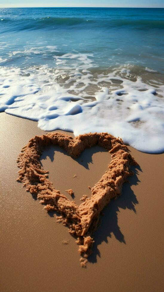 Küsten Gefühl Herz gezeichnet auf Strand Sand, umarmt durch rollen Welle Hintergrund Vertikale Handy, Mobiltelefon Hintergrund ai generiert foto