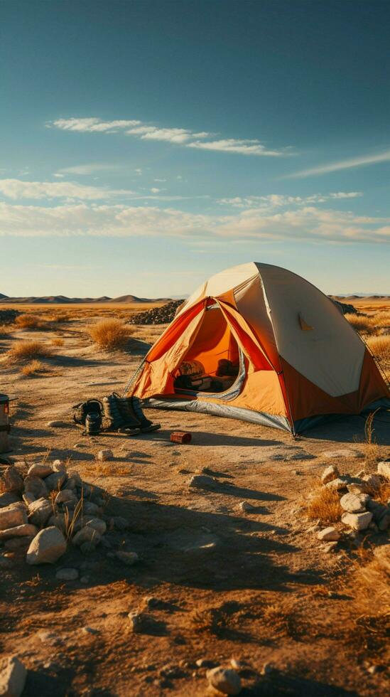 verwüsten Wüste Camping einsam Abenteuer inmitten trocken Ödland, umgeben durch Leere Vertikale Handy, Mobiltelefon Hintergrund ai generiert foto