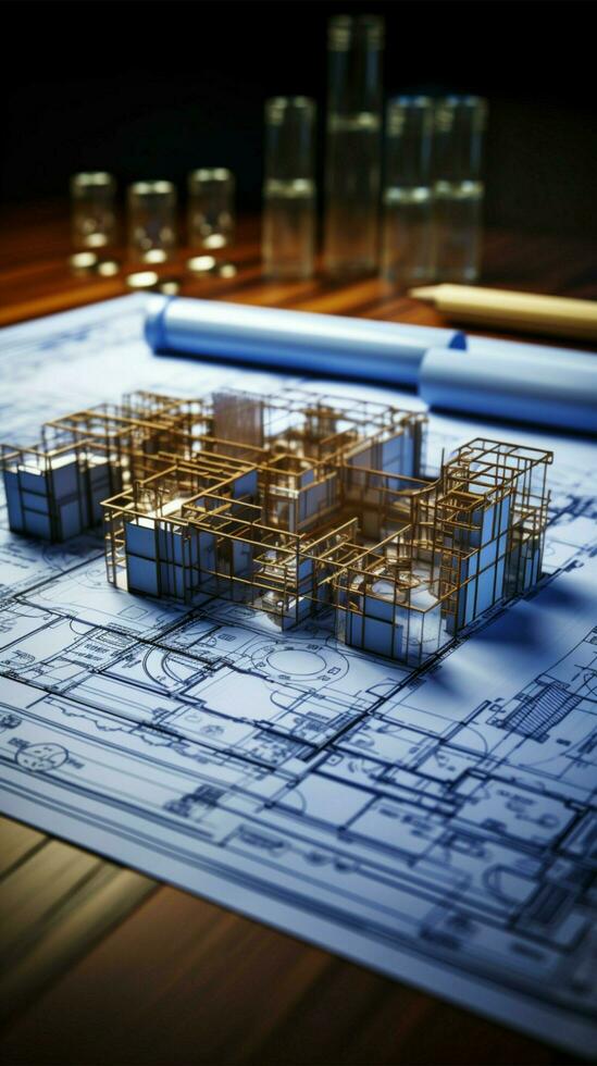 Design Konzepte vorgestellt gerollt Blaupausen auf Tisch, architektonisch Kreativität und Planung offensichtlich Vertikale Handy, Mobiltelefon Hintergrund ai generiert foto