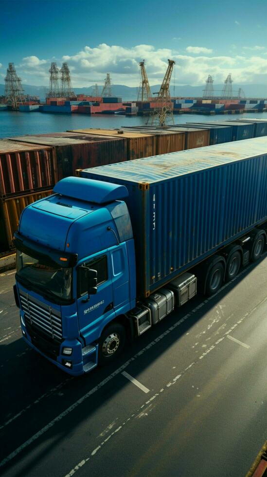 Antenne Aussicht halb LKW auf Blau, Container Ladung, Inbegriff Logistik und Transport Vertikale Handy, Mobiltelefon Hintergrund ai generiert foto