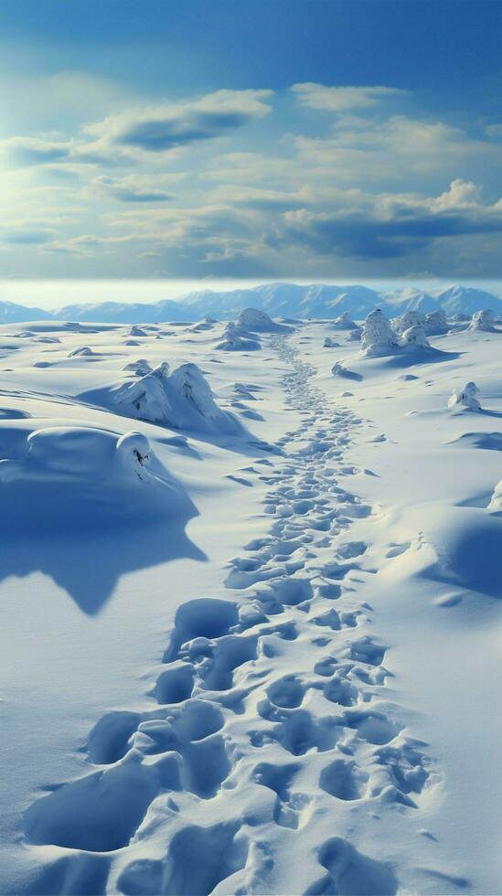 Mensch Fußabdrücke im das Schnee Klettern im das Hügel Vertikale Handy, Mobiltelefon Hintergrund ai generiert foto