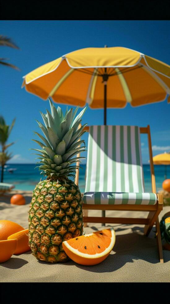 Strand Stuhl mit Regenschirm, Palme Baum, Rettungsring, Meer, Ananas, Sonnenbrille, Koffer isoliert auf Blau Himmel Hintergrund Sommer- Reise Konzept Vertikale Handy, Mobiltelefon Hintergrund ai generiert foto