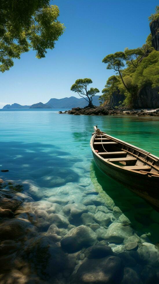 Patong Strand Aussicht, langen Schwanz Boote, Luxus Kreuzfahrt schmücken Andaman Meere malerisch Weite Vertikale Handy, Mobiltelefon Hintergrund ai generiert foto