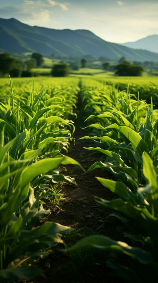 Privat Bauernhöfe Mais Reihen, beschwingt Grün Sprossen Decke das fruchtbar Feld Vertikale Handy, Mobiltelefon Hintergrund ai generiert foto
