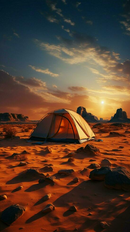 sandig Einsamkeit Camping allein im unfruchtbar Wüste, weit von Zivilisationen Geschäftigkeit Vertikale Handy, Mobiltelefon Hintergrund ai generiert foto