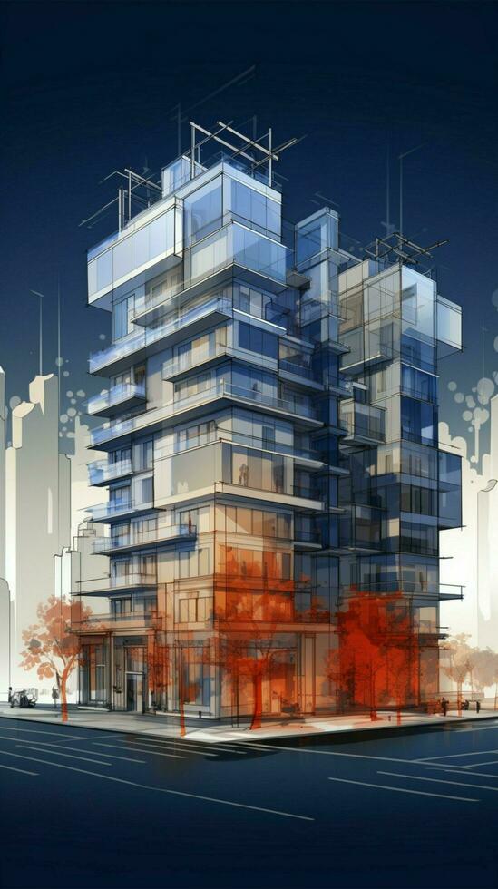 städtisch Design Wesen Gebäude Drahtmodell im 3d, künstlerisch skizzieren, Vektor Rendern Vertikale Handy, Mobiltelefon Hintergrund ai generiert foto
