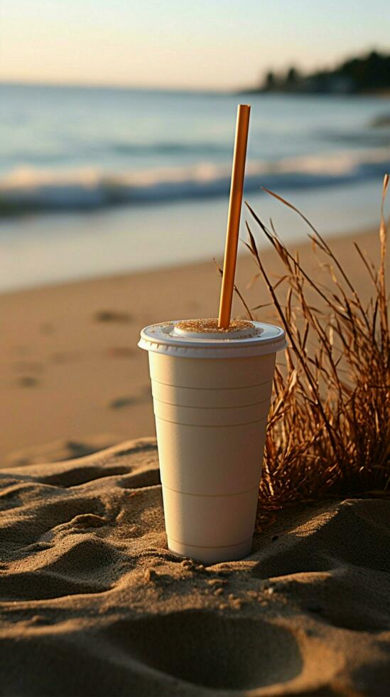 Strand Erfrischung schließen oben Weiß Kaffee Tasse, schwarz Stroh auf sandig Ufer beim Sonnenaufgang Vertikale Handy, Mobiltelefon Hintergrund ai generiert foto