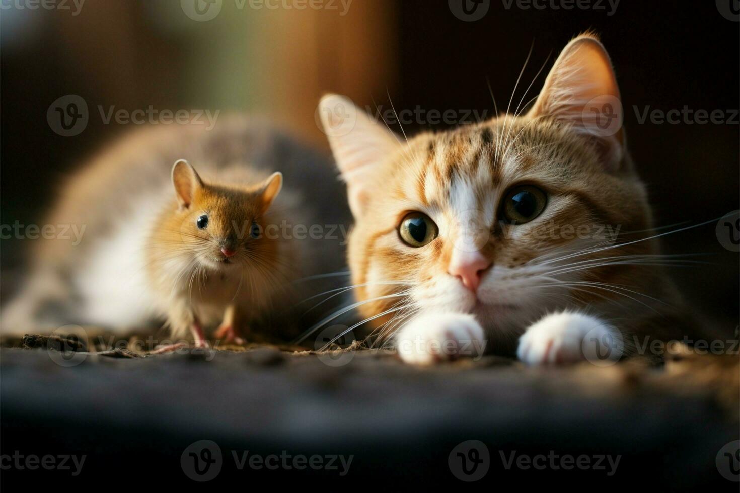 unerwartet Freundschaft Katzen spielerisch Possen mit ein klein Rennmaus Maus ai generiert foto