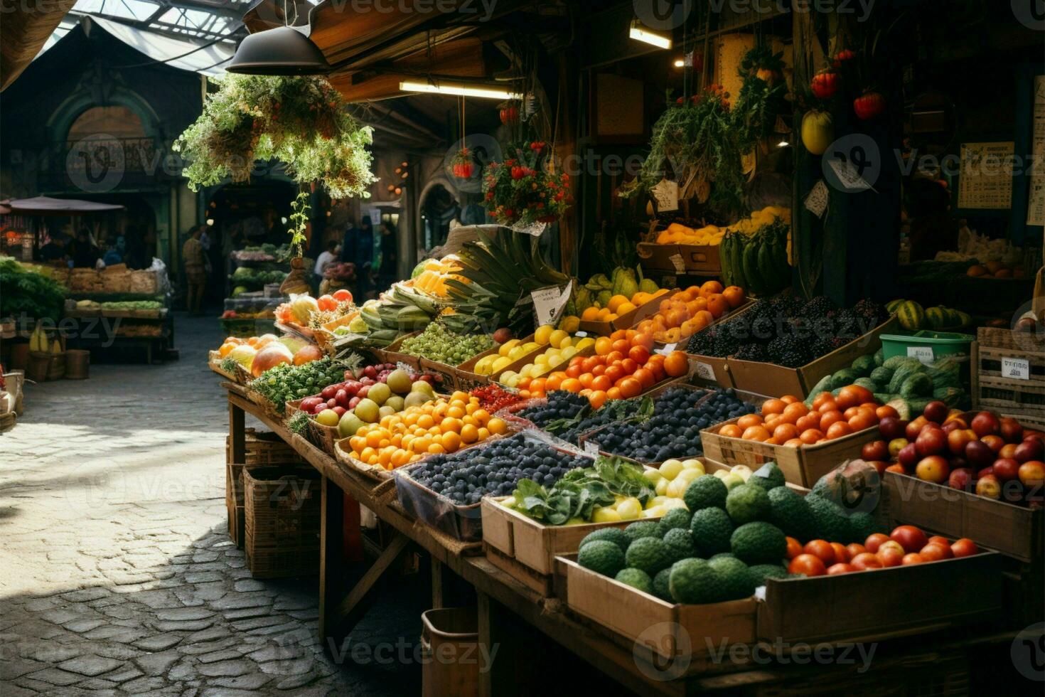 ein überdacht Marktplatz Vitrinen das Kopfgeld von lokal Früchte und Gemüse ai generiert foto