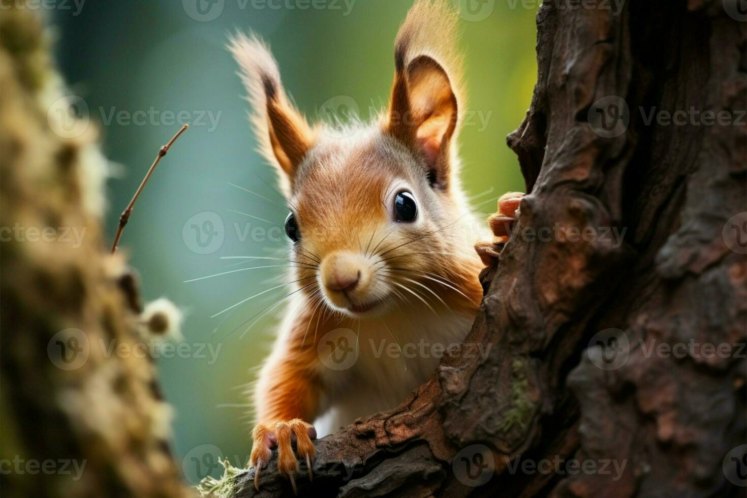 das neugierig rot Eichhörnchen erfährt ein faszinierend Transformation hinter ein Baum ai generiert foto