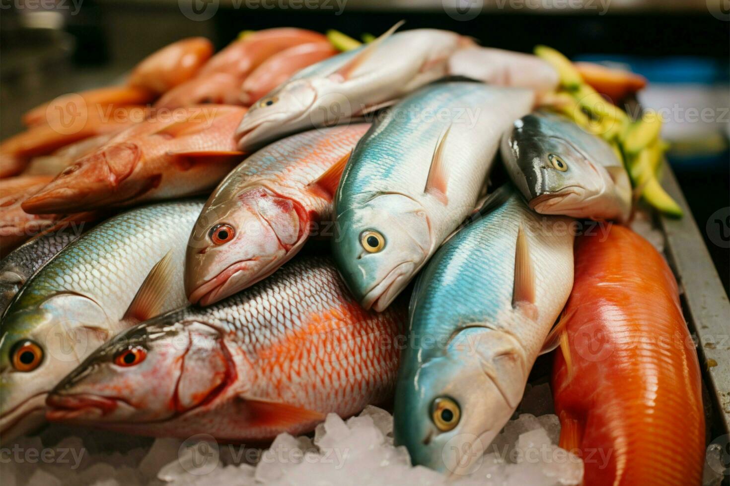 ein Sortiment von frisch Fisch auf Anzeige im das geschäftig Markt ai generiert foto