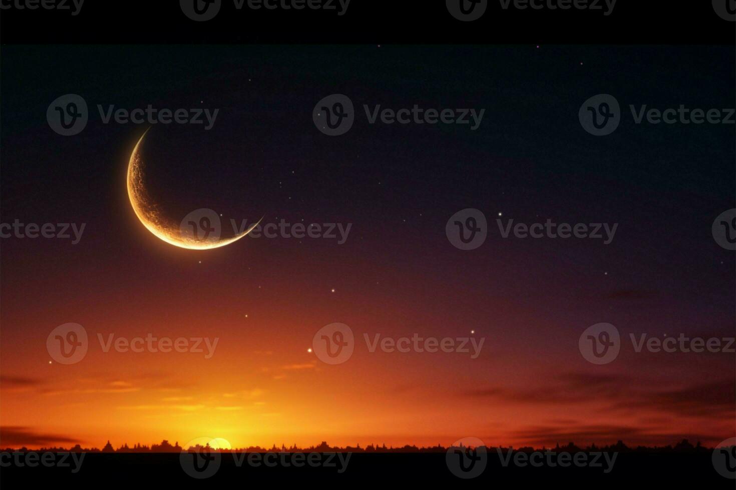 Arabisch Text Raum Halbmond Mond, Stern, Dämmerung Himmel, Orange Sonnenlicht ai generiert foto