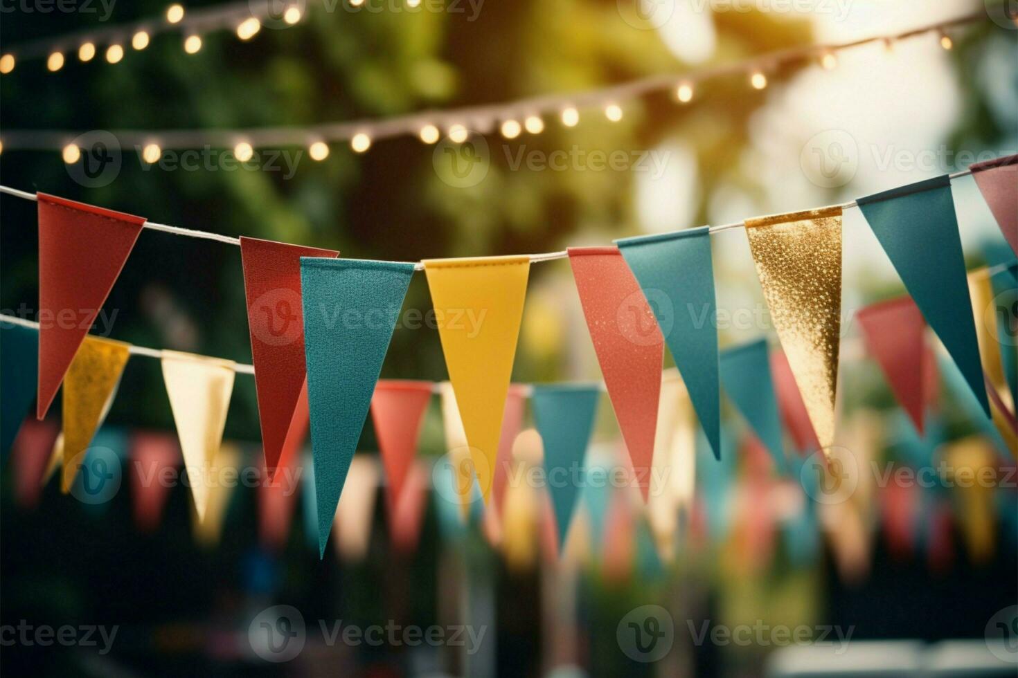 feiern im Stil mit Jahrgang Ton, bunt dreieckig Flagge Party Dekor ai generiert foto