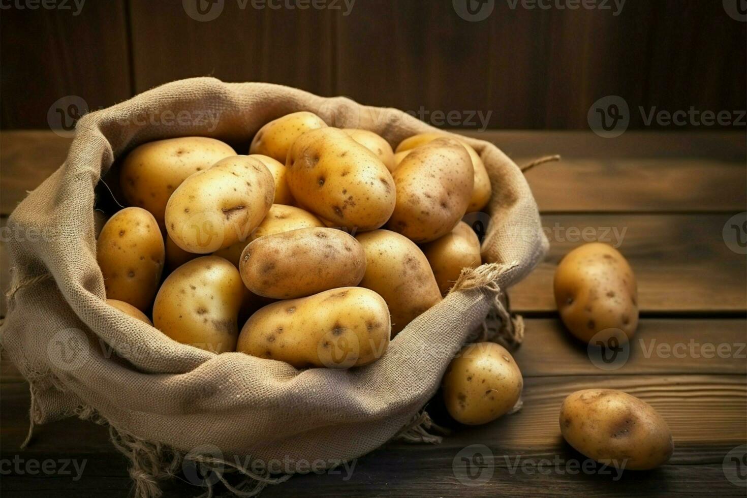 ein rustikal Präsentation frisch Kartoffeln im ein alt Sackleinen Tasche ai generiert foto