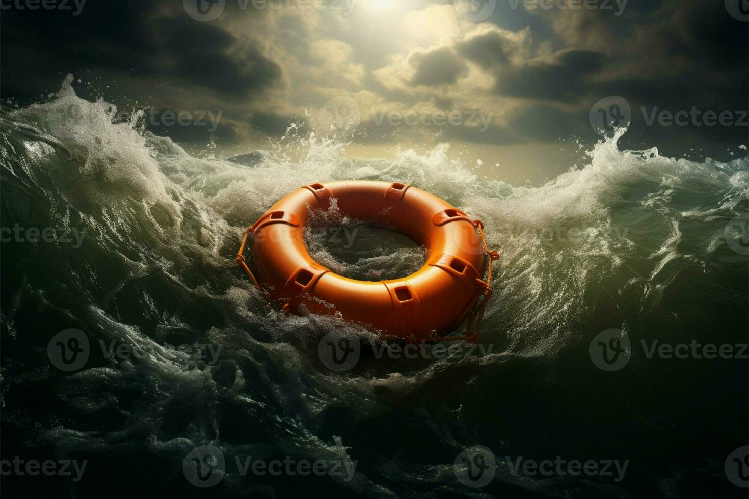 turbulent Meer ein Orange Leben Boje schwimmt inmitten das stürmisch Wellen ai generiert foto