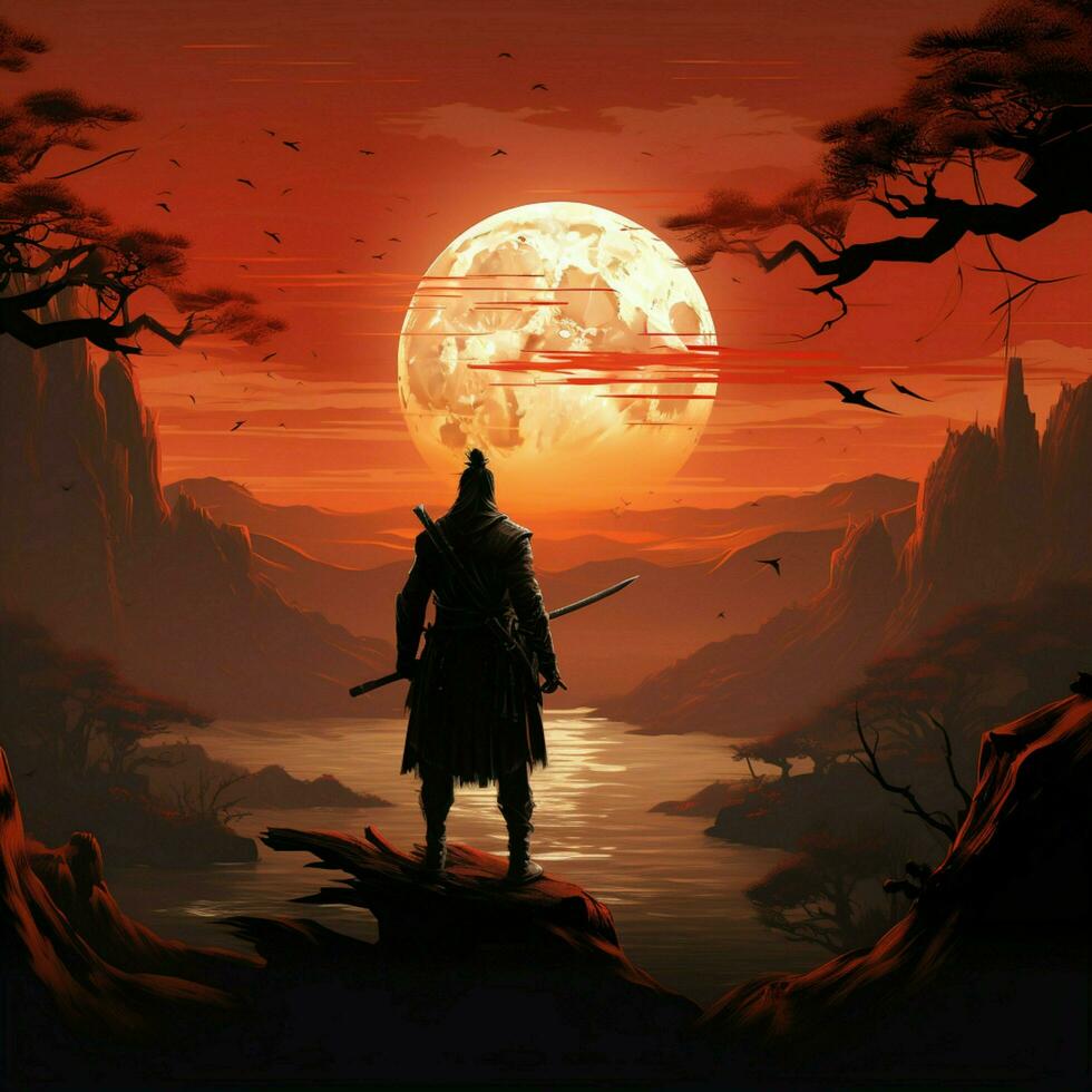 majestätisch Silhouette, Samurai bereit beim Sonnenuntergang, ein ikonisch Haltung gegen beschwingt Hintergrund zum Sozial Medien Post Größe ai generiert foto