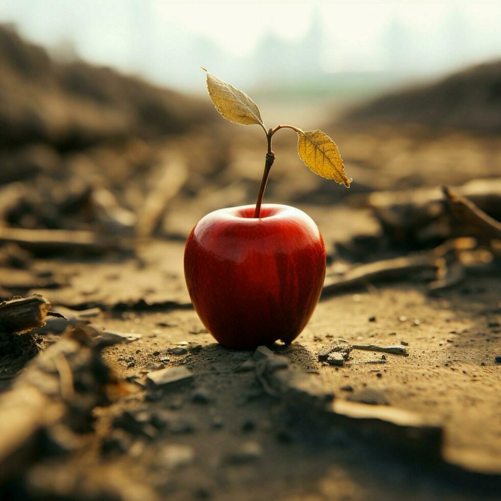 Apfel auf Wüste Boden symbolisiert Wasser Knappheit, Hunger, landwirtschaftlich Herausforderungen inmitten Klima Veränderung zum Sozial Medien Post Größe ai generiert foto