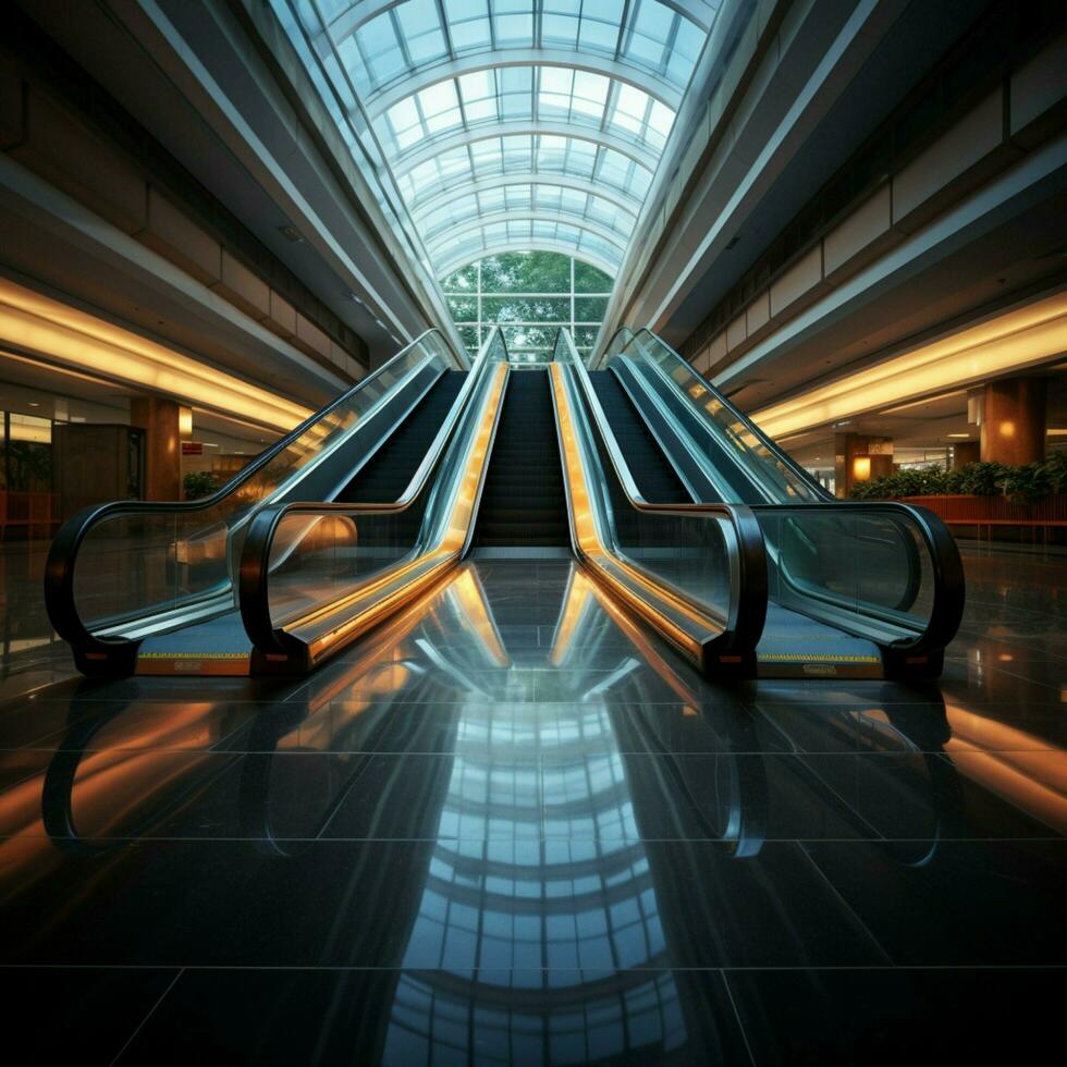 architektonisch Dynamik schließen oben von Rolltreppe im zeitgenössisch Gebäude oder U-Bahn Bahnhof zum Sozial Medien Post Größe ai generiert foto