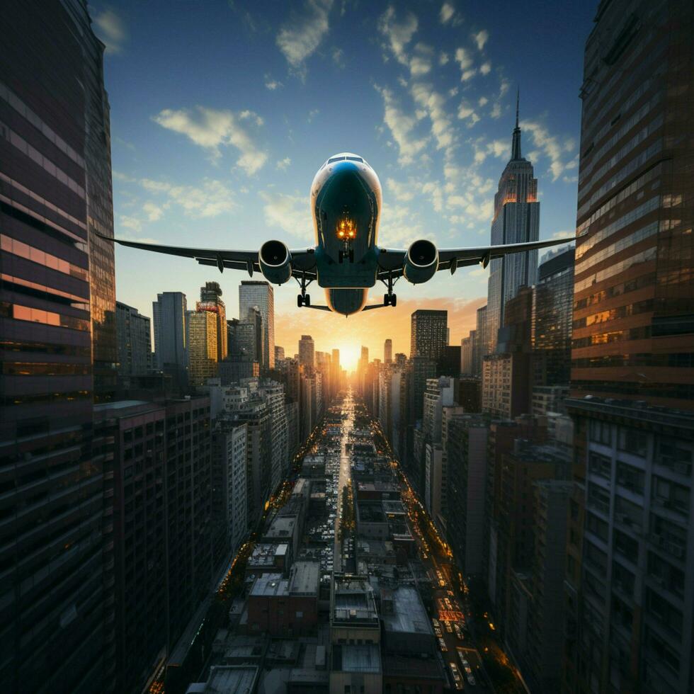 hoch Stadt Gebäude und ein Flugzeug fliegend Overhead zum Sozial Medien Post Größe ai generiert foto