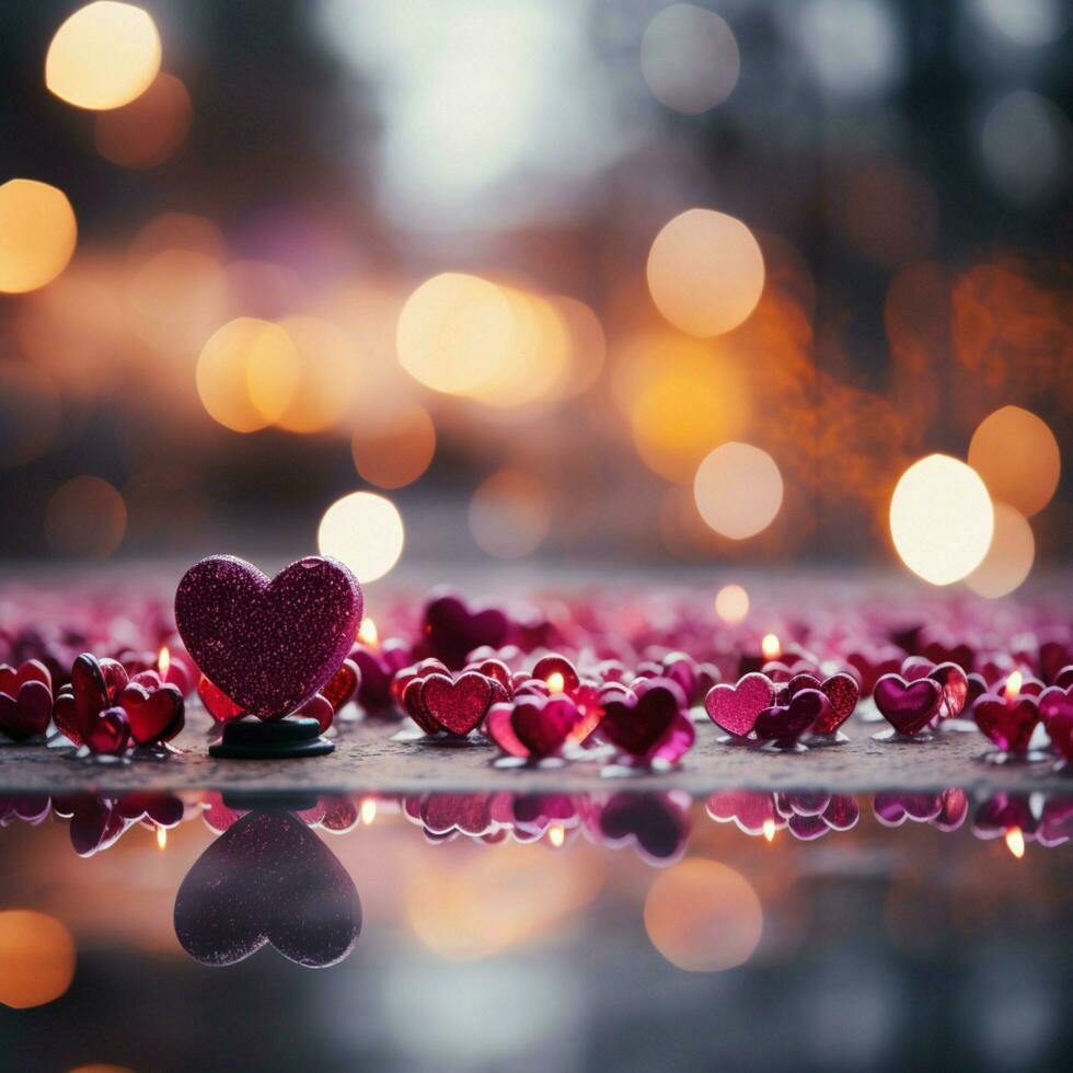 beschwingt Valentinsgrüße Anzeige Panorama- Magenta, Rosa rot Herzen, und glänzend Bokeh Hintergrund zum Sozial Medien Post Größe ai generiert foto