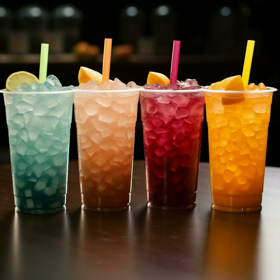 gekühlt Freude, Reihe von eisig Obst Slushies, jeder im ein Plastik Tasse zum Sozial Medien Post Größe ai generiert foto