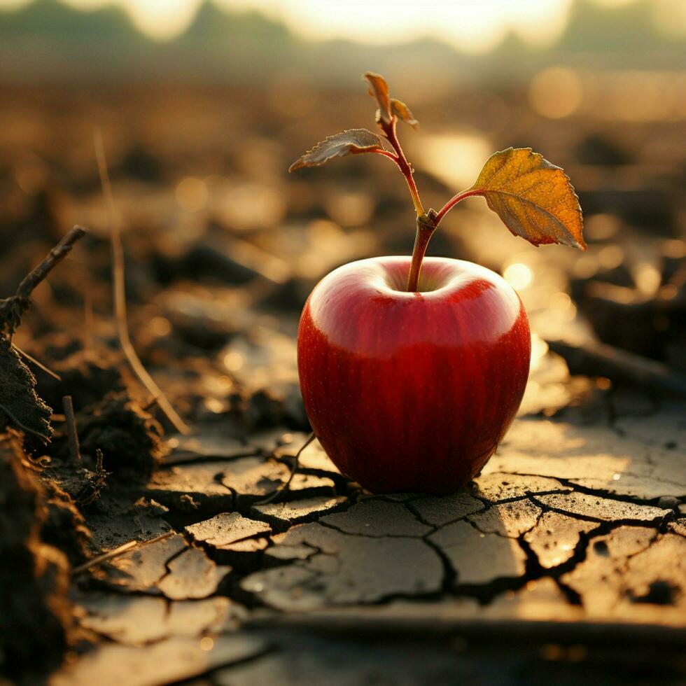 Dürre betroffen Boden Wiegen Apfel, emblematisch von Hunger, Wasser Knappheit, und landwirtschaftlich Not zum Sozial Medien Post Größe ai generiert foto