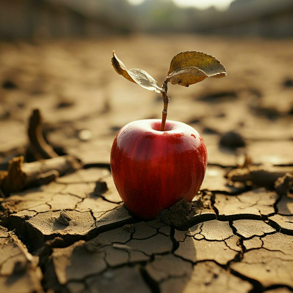 emblematisch Apfel auf trocken Erde illustriert Essen Unsicherheit, Wasser Mangel, landwirtschaftlich Krise zum Sozial Medien Post Größe ai generiert foto