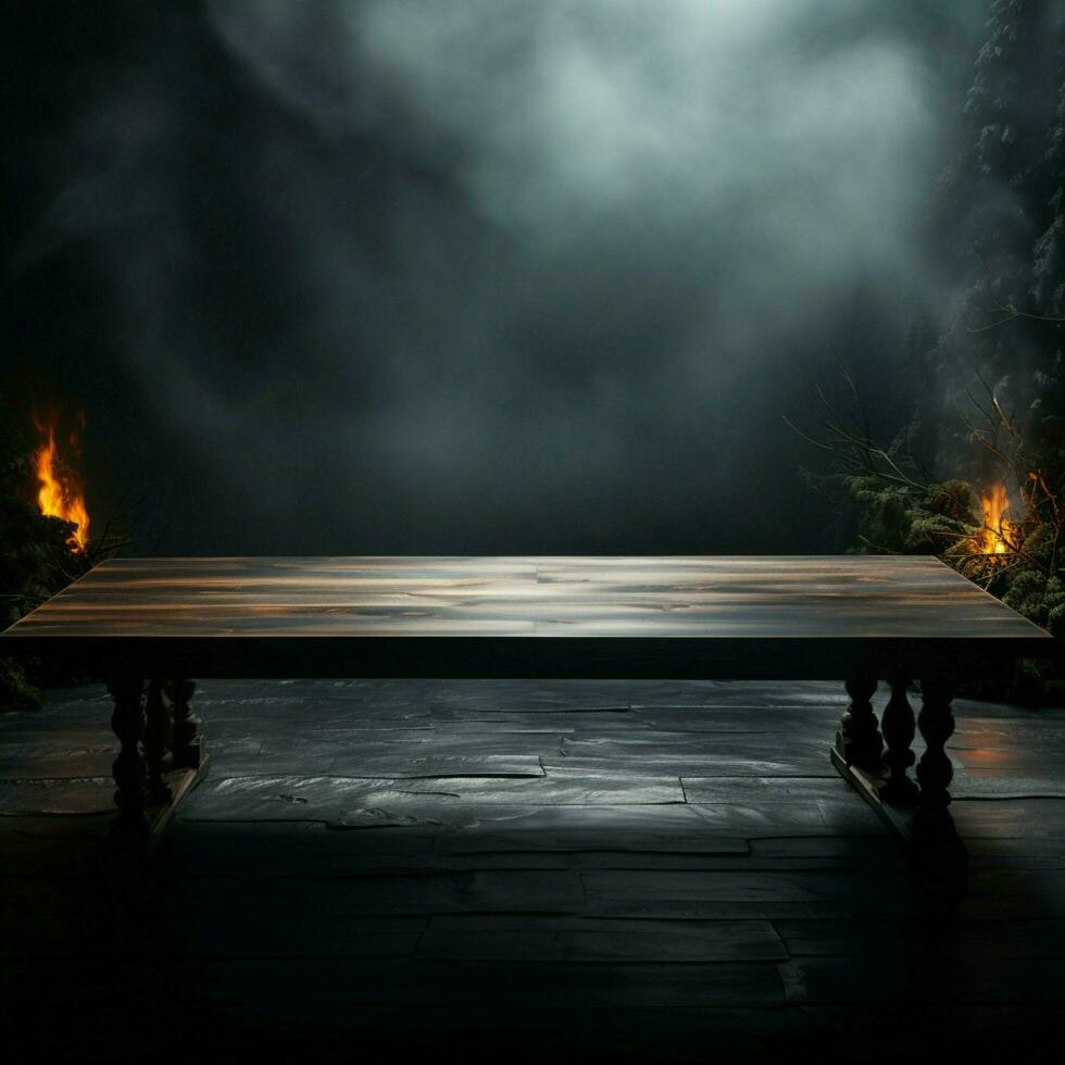leeren Holz Tabelle inmitten rauchig Dunkelheit, ein leer Schiefer zum Produkt Ausstellung zum Sozial Medien Post Größe ai generiert foto