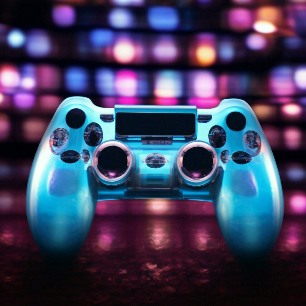 vertieft im Blau thematisch Video Spiel, Joystick schließen oben verbessert spät Nacht Spielweise zum Sozial Medien Post Größe ai generiert foto