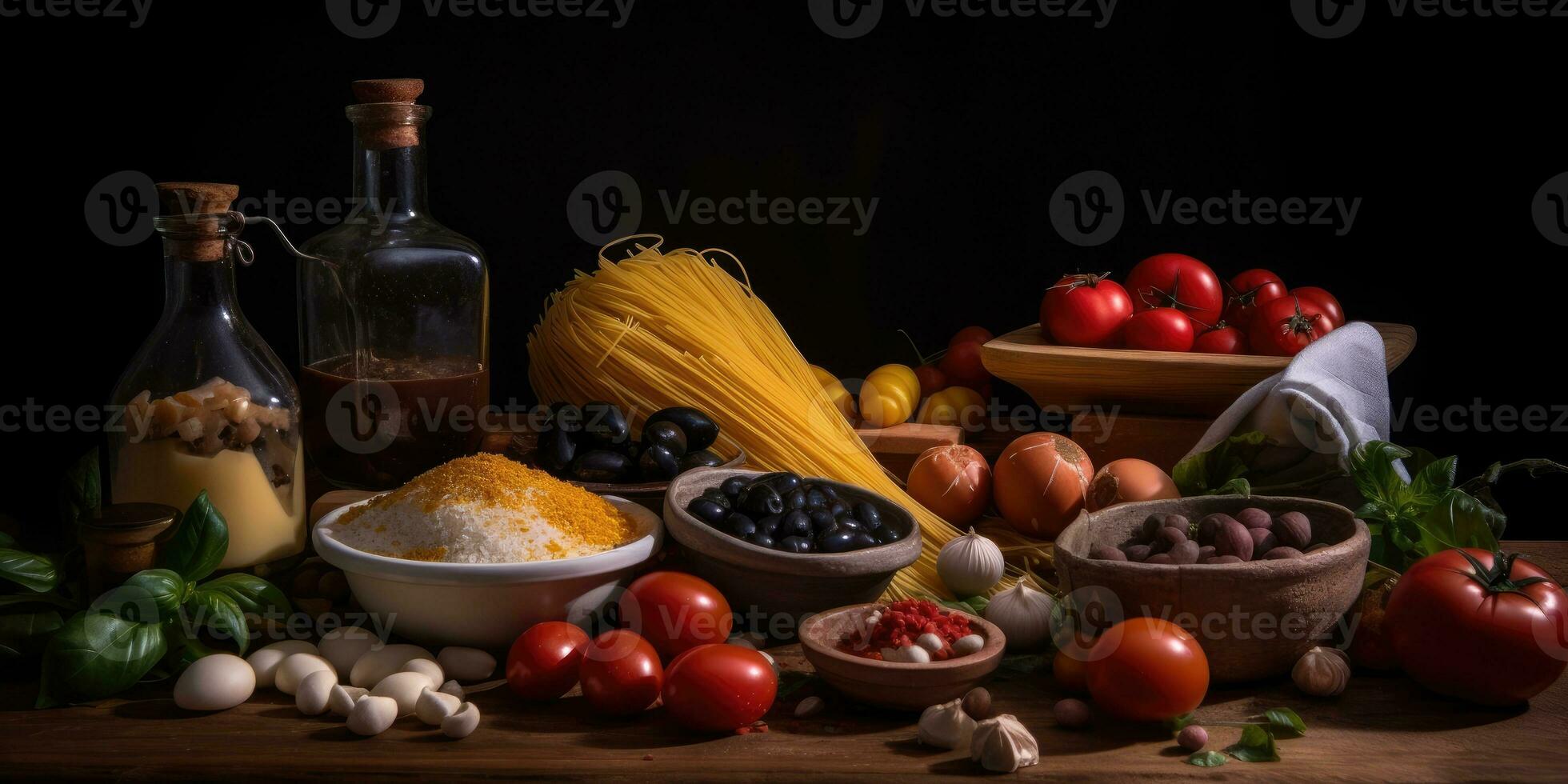 Italienisch National Lebensmittel. Gemüse und Pasta. generativ ai foto