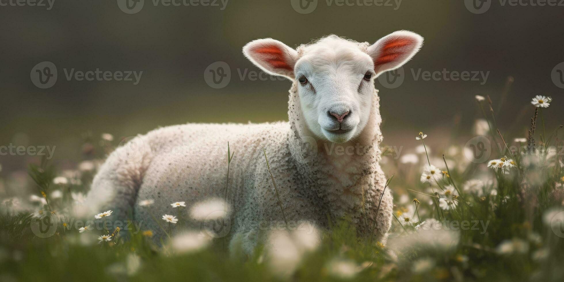 süß glücklich Lamm auf das Feld, Schaf. generativ ai foto