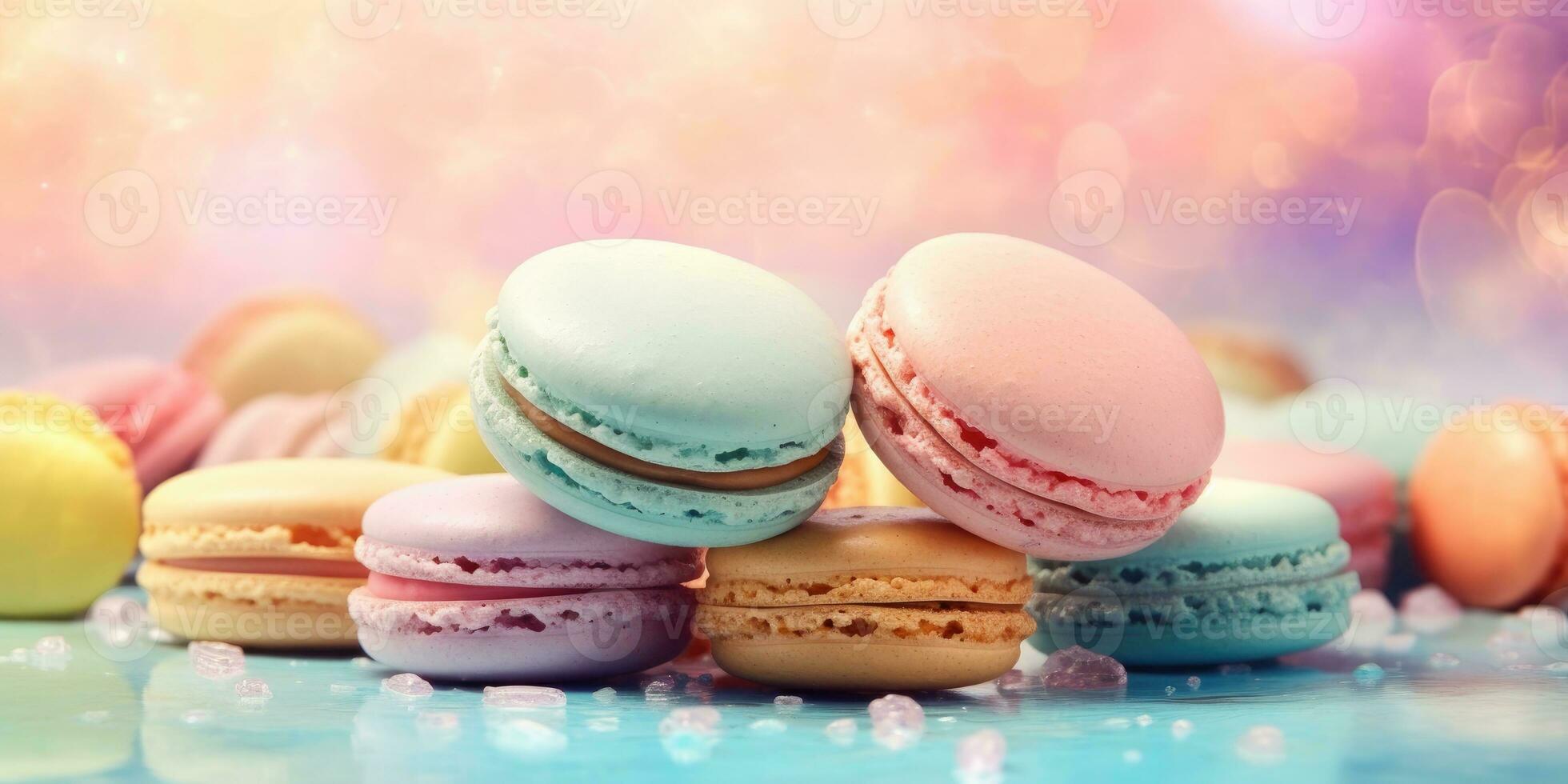 Macaron auf ein Pastell- Hintergrund im ein nass Aquarell Thema. Banner. Platz zum Text. generativ ai foto