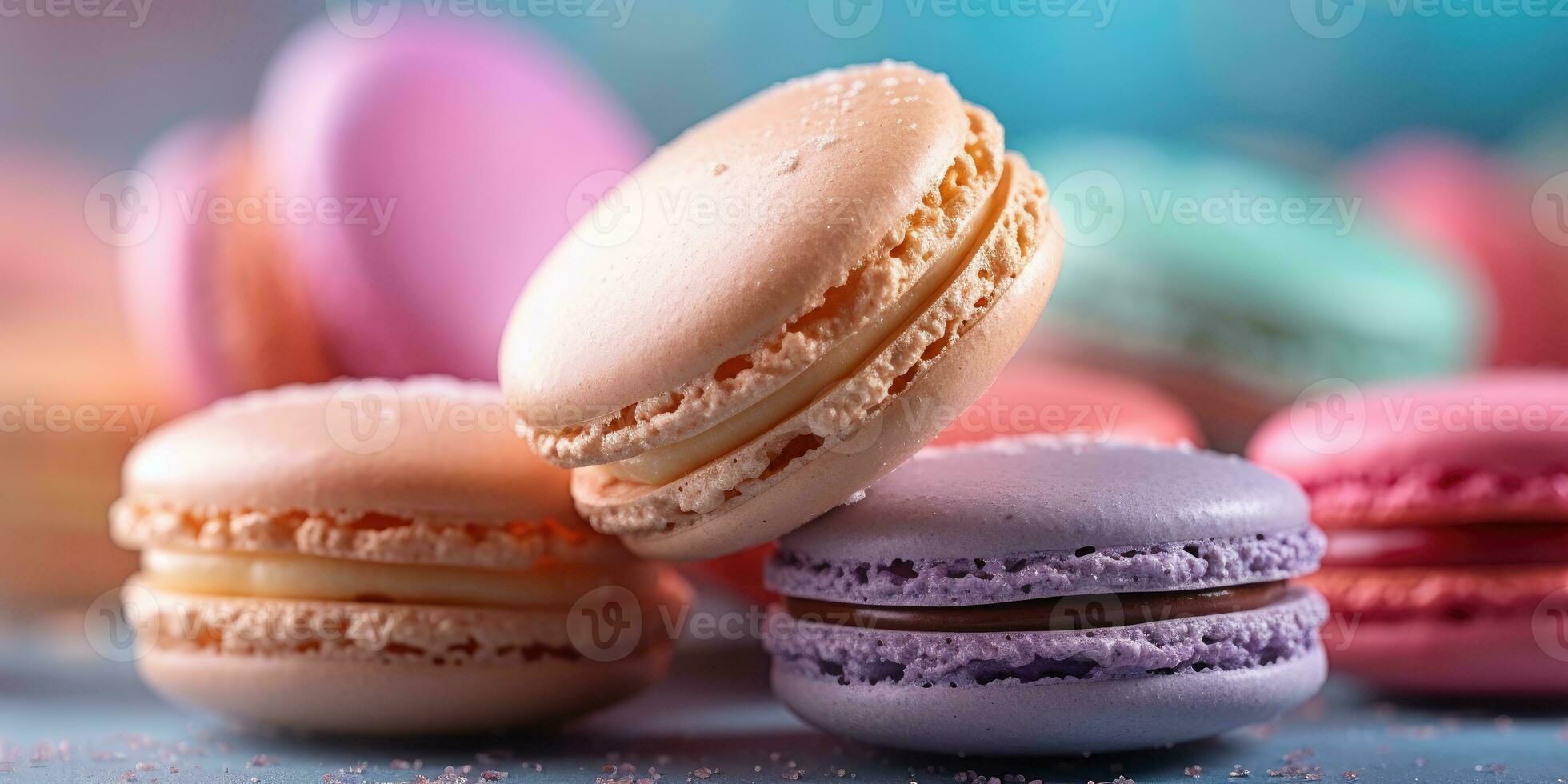 Macaron auf ein Pastell- Hintergrund im ein nass Aquarell Thema. Banner. Platz zum Text. generativ ai foto