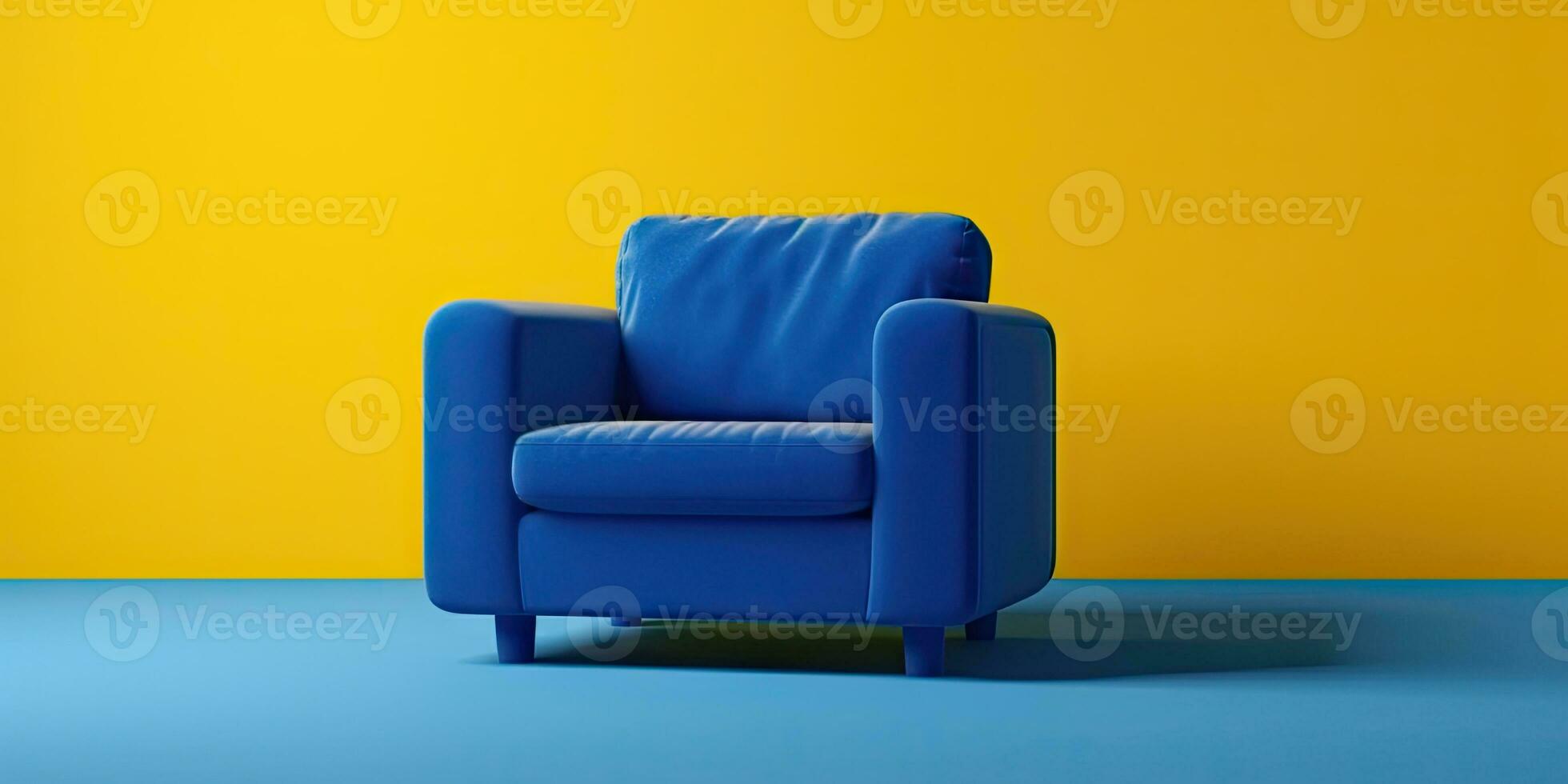 Blau Sessel auf ein Gelb Hintergrund. Minimalismus. Platz zum Text. generativ ai foto