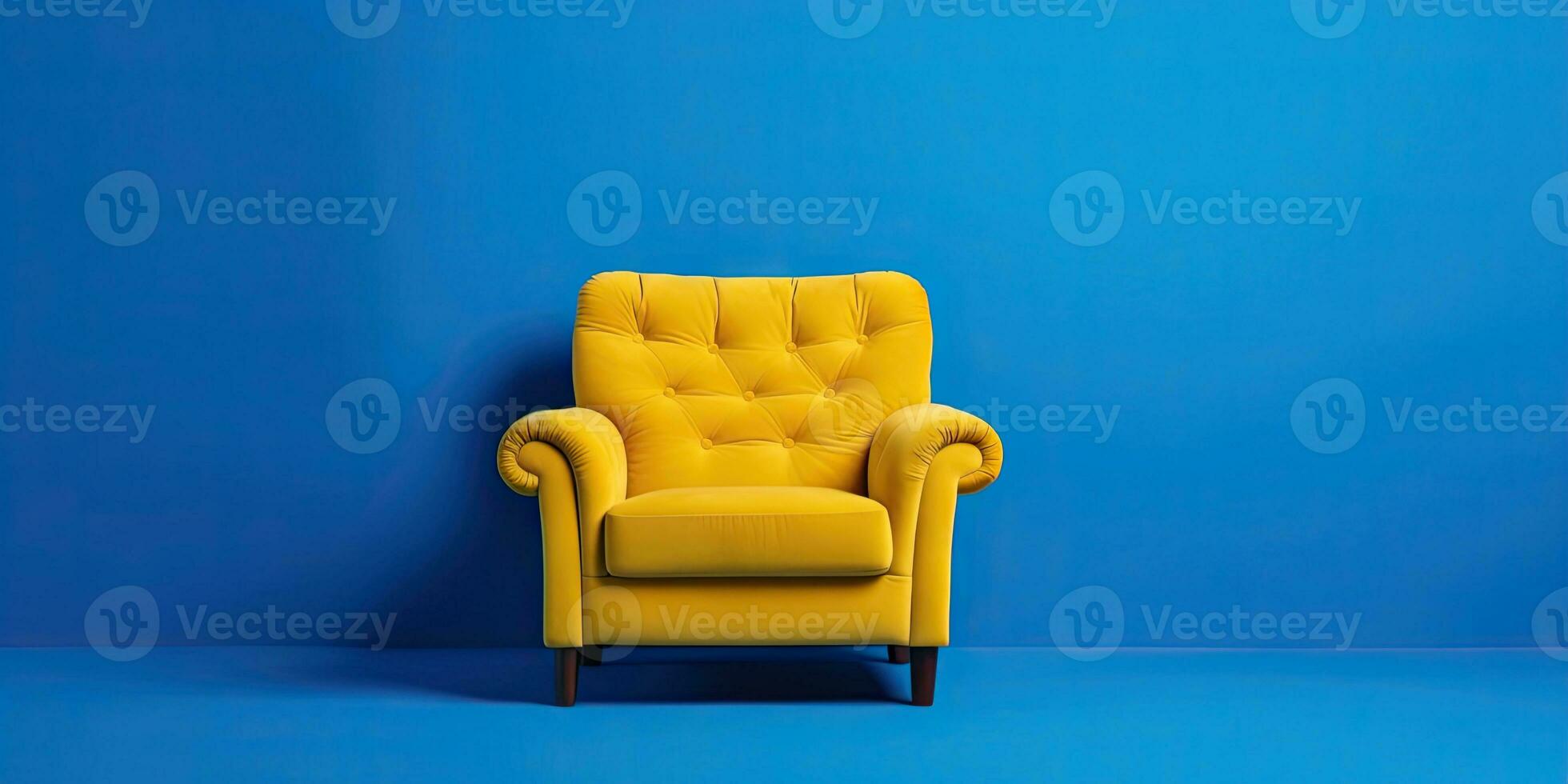 Gelb Sessel auf ein Blau Hintergrund. Minimalismus. Platz zum Text. generativ ai foto