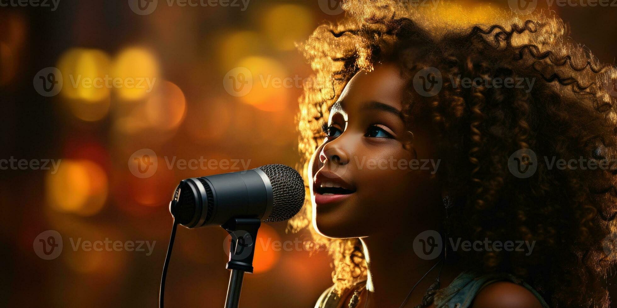 afrikanisch wenig Kind singt in ein Mikrofon. generativ ai foto