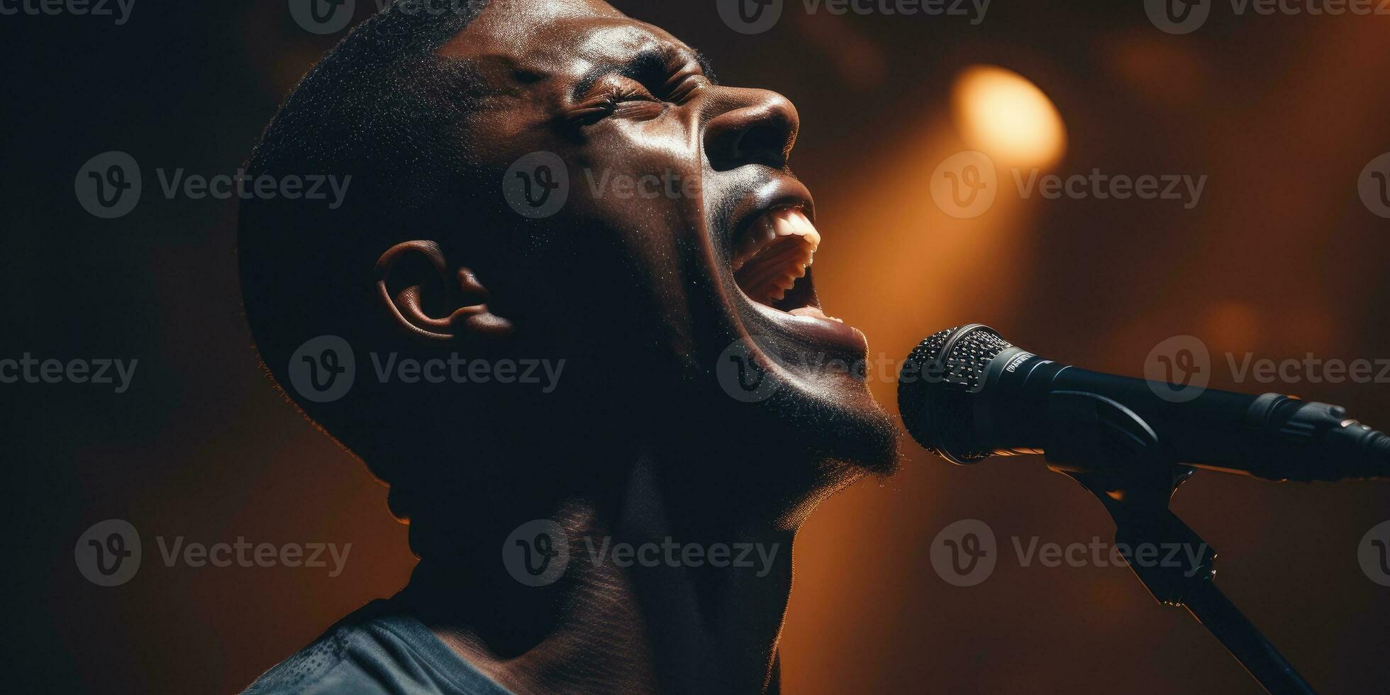 afrikanisch Mann singt im Karaoke. generativ ai foto